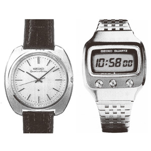 図6 世界初のクオーツ腕時計と6桁表示液晶デジタル腕時計（出典: セイコーウオッチ）