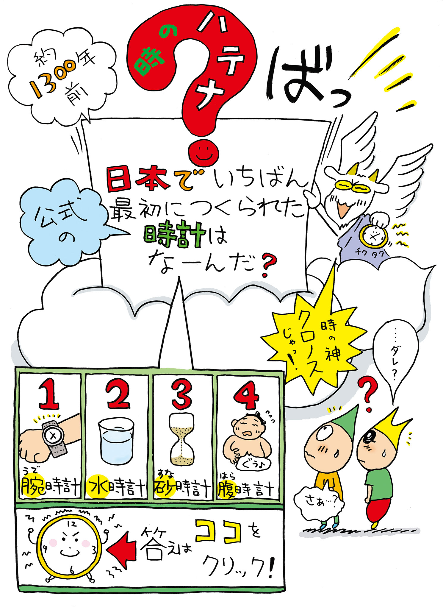 約1300年前、日本でいちばん最初につくられた公式の時計はなーんだ？1腕時計、2水時計、3砂時計、4腹時計